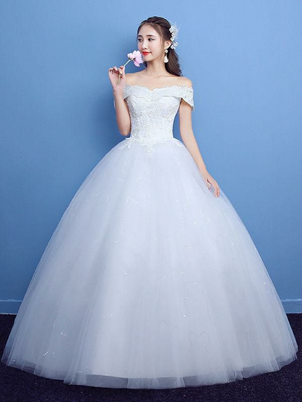 Wedding Dresses | Ball Gown Wedding Dress Princess Silhouette Floor-Length Bateau Neck Short Sleeves Applique Tulle Bridal Gowns Wedding Wedding Dresses