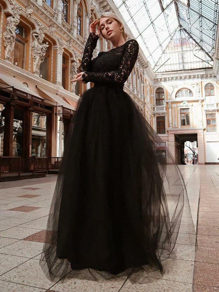 Wedding Dresses | Black Wedding Dresses A-Line Jewel Neck Long Sleeves Backless Lace Floor-Length Bridal Gown Free Customization Wedding Wedding Dresses