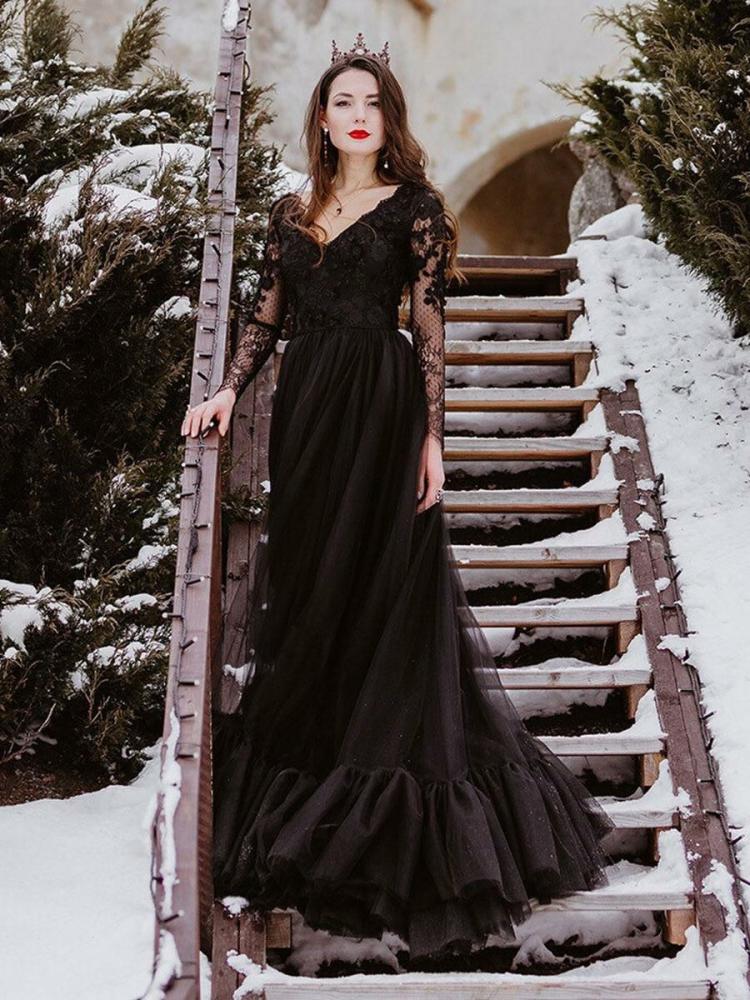 Wedding Dresses | Black Wedding Dresses A-Line Long Sleeves Lace Floor-Length Bridal Gown Free Customization Wedding Wedding Dresses