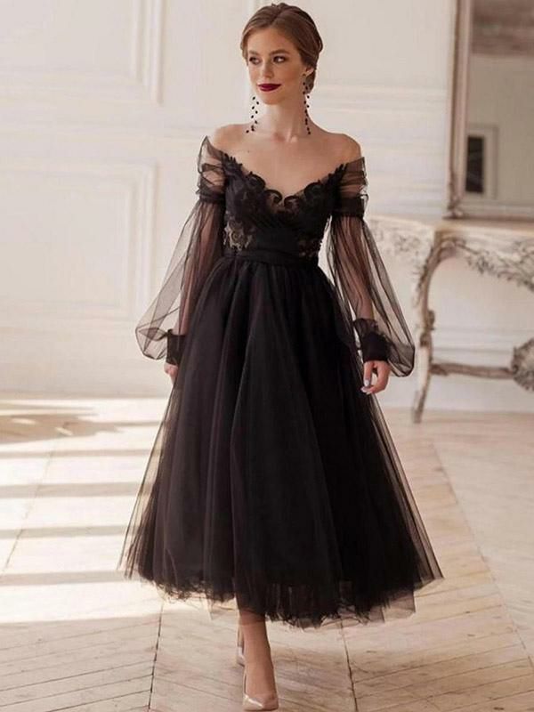 Wedding Dresses | Black Wedding Dresses Lace A-Line Long Sleeves Natural Waist Lace Ankle-Length Bridal Gown Wedding Wedding Dresses