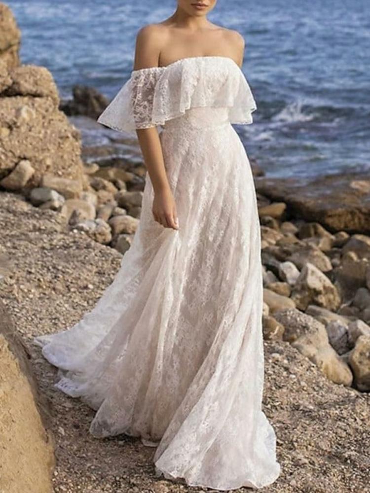 Wedding Dresses | Boho Wedding Dress Lace Lace A-Line With Train Natural Waist Strapless Zipper Short Sleeves Bateau Neck Ivory Wedding Wedding Dresses