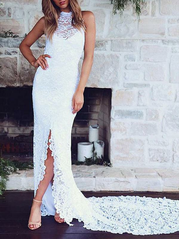 Wedding Dresses | Boho Wedding Dress Mermaid High Collar Halter Sleeveless With Train Split Lace Bridal Dress Free Customization Wedding Wedding Dresses