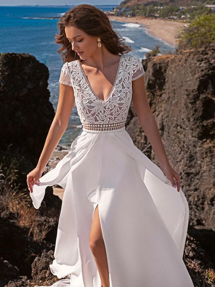 Wedding Dresses | Boho Wedding Dress Satin Fabric Lace A-Line Sweep Raised Waist Backless Short Sleeves V-Neck Ivory Wedding Wedding Dresses