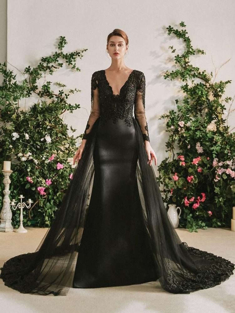 Wedding Dresses | Gothic Black Wedding Dresses Mermaid Long Sleeves Zipper Lace Floor-Length Bridal Dress Free Customization Wedding Wedding Dresses