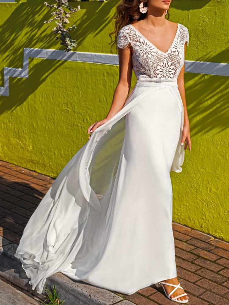 Wedding Dresses | Ivory Boho Wedding Dress 2024 Lace A-Line With Train Backless Short Sleeves V-Neck Wedding Dresses Wedding Wedding Dresses