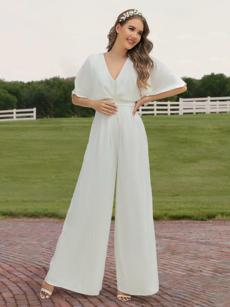 Wedding Dresses | Ivory Bridal Jumpsuit 2024 Floor-Length A-Line V-Neck Half Sleeves Wedding Jumpsuit Free Customization Wedding Wedding Dresses