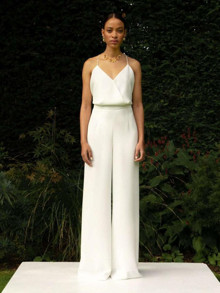 Wedding Dresses | Ivory Bridal Jumpsuit Floor-Length A-Line V-Neck Sleeveless Free Customization Wedding Wedding Dresses