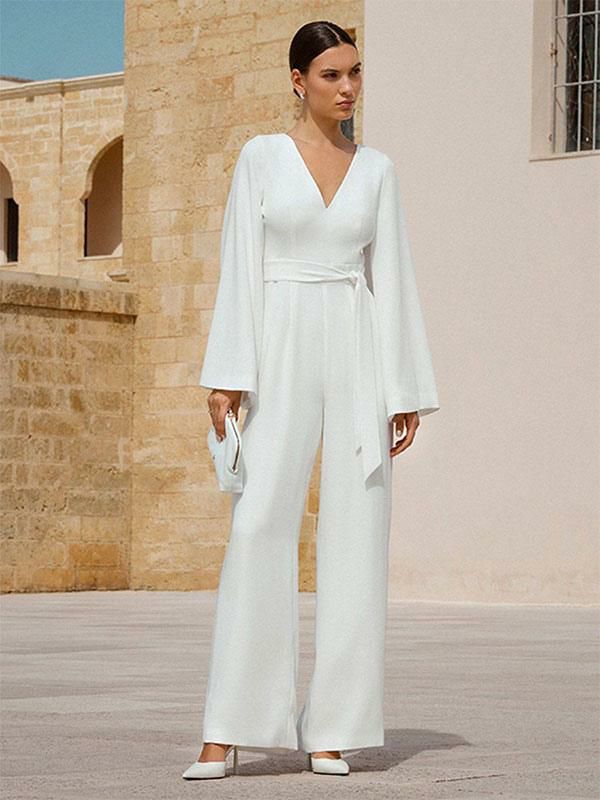 Wedding Dresses | Ivory Bridal Jumpsuit Sash Ankle-Length A-Line V-Neck Long Sleeves Wedding Jumpsuit Free Customization Wedding Wedding Dresses