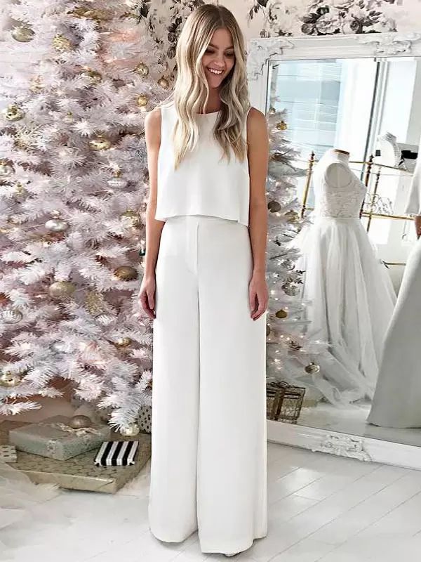 Wedding Dresses | Ivory Bridal Two Piece Sets Floor-Length A-Line Jewel Neck Sleeveless Wedding Two Piece Sets Free Customization Wedding Wedding Dresses