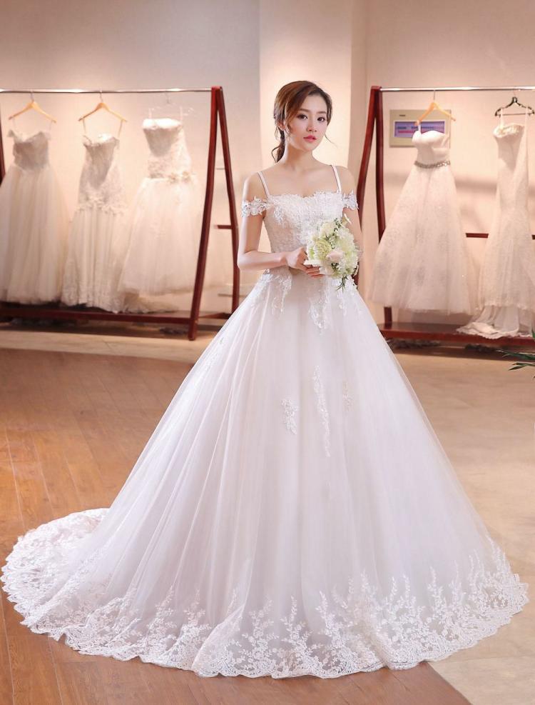 Wedding Dresses | Princess Ball Gown Wedding Dresses Off-The-Shoulder Straps Lace Applique Beading Bridal Gown With Long Train Wedding Wedding Dresses