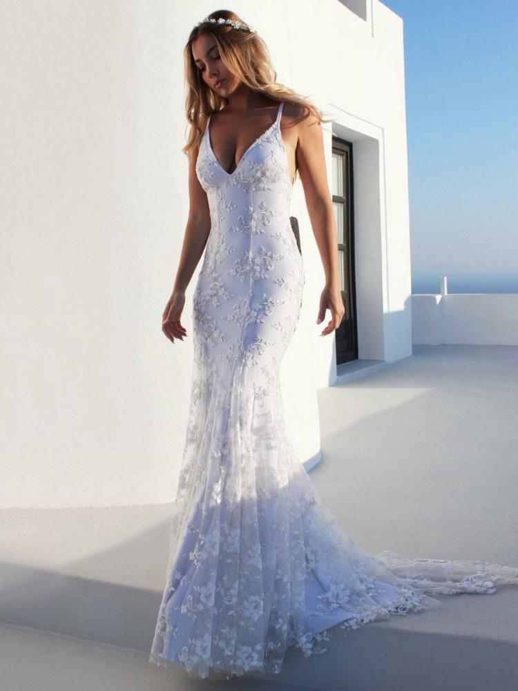 Wedding Dresses | Sexy Mermaid Wedding Dress White V-Neck Backless Lace Bridal Dresses Free Customization Wedding Wedding Dresses