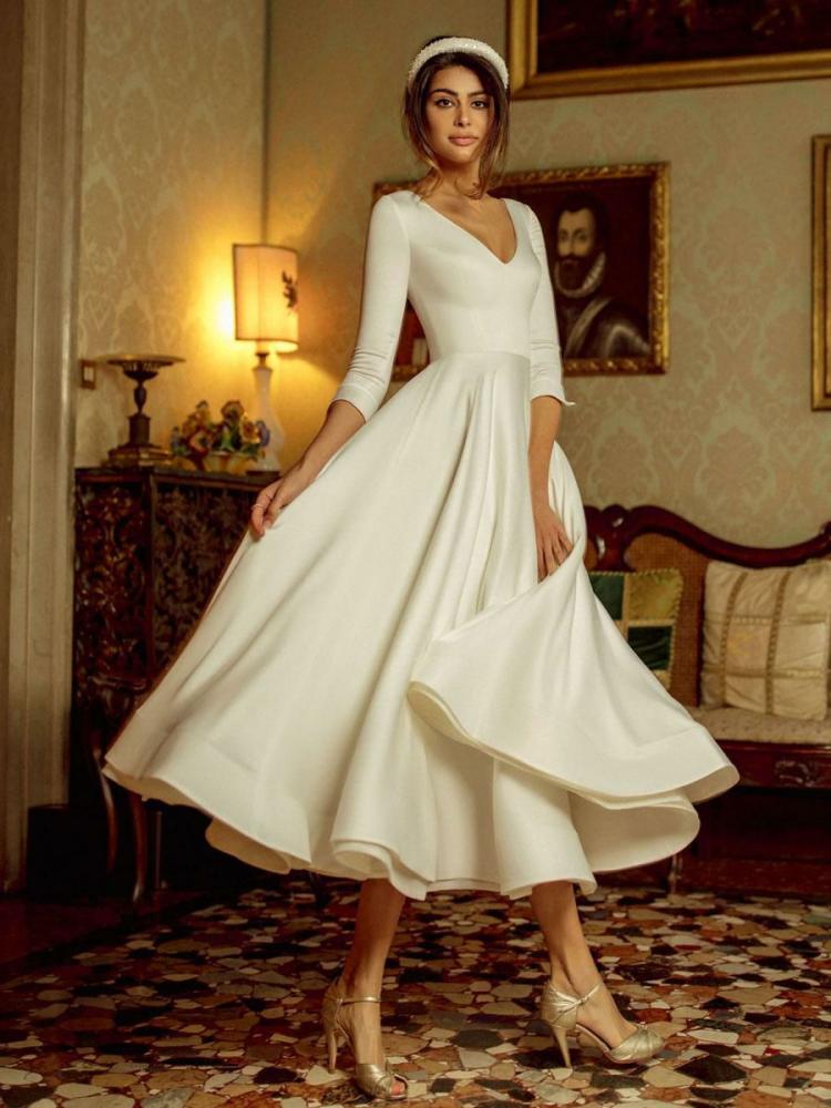 Wedding Dresses | Short Wedding Dress 2024 Tea-Length V-Neck Half Sleeves A-Line Satin Fabric Short Bridal Dress Free Customization Wedding Wedding Dresses