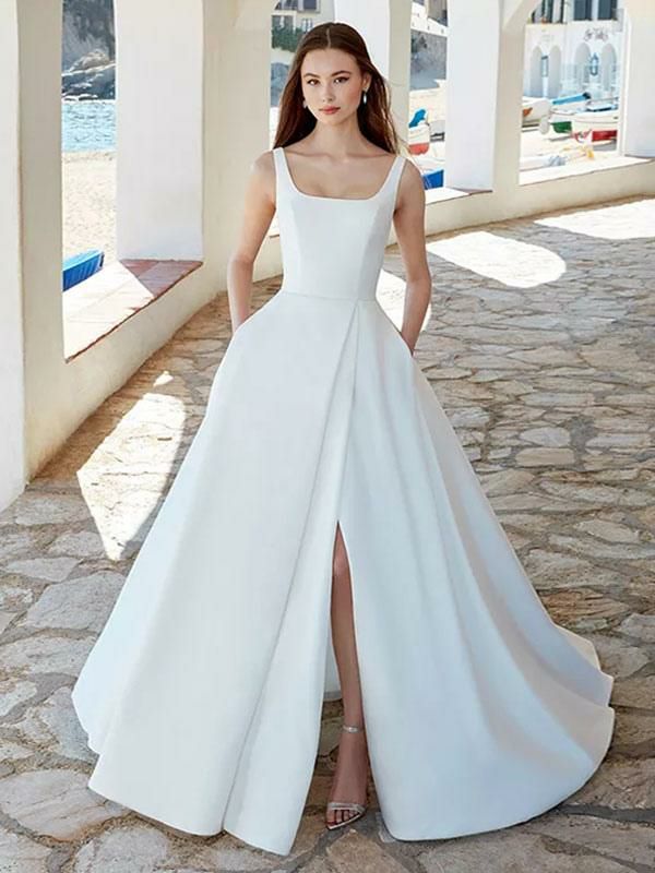 Wedding Dresses | Simple Wedding Dress 2024 Satin Fabric Square Neck Sleeveless Pockets A-Line Bridal Dresses Free Customization Wedding Wedding Dresses