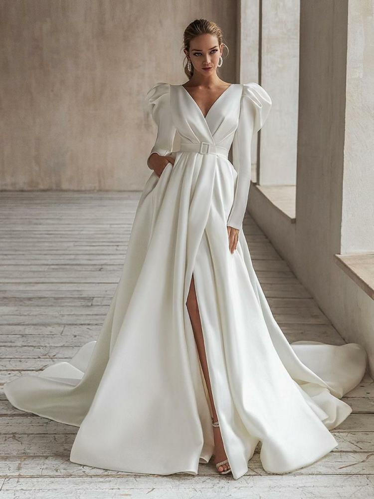 Wedding Dresses | Vintage Wedding Dress White Bridal Dresses Long Sleeves Wedding Dress V-Neck A-Line With Train Bridal Gowns Free Customization Wedding Wedding Dresses