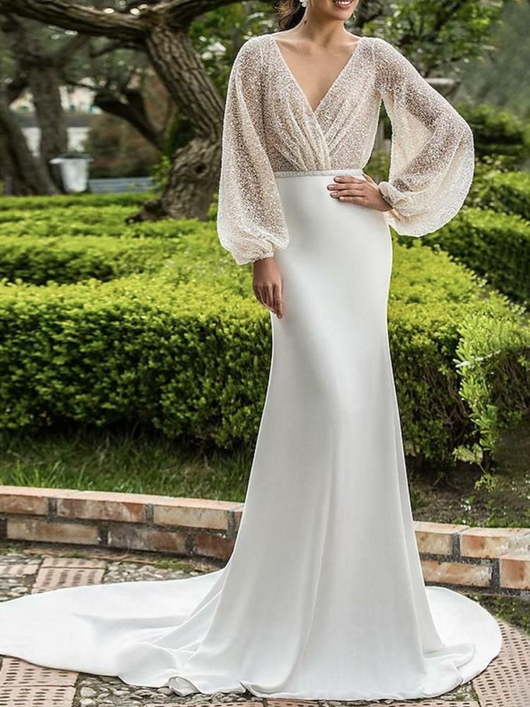 Wedding Dresses | Wedding Dress V-Neck Long Sleeves Natural Waist Pleated With Train Bridal Mermaid Dress Wedding Wedding Dresses