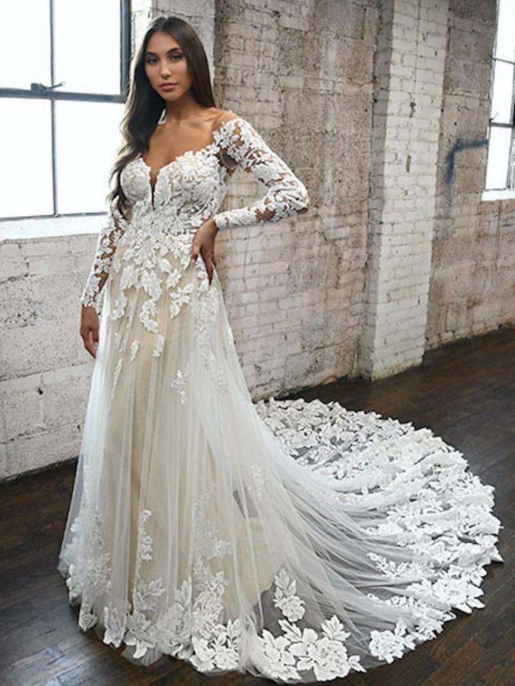 Wedding Dresses | White Lace Wedding Dress V-Neck Long Sleeves Backless With Train Tulle Bridal Gowns Free Customization Wedding Wedding Dresses