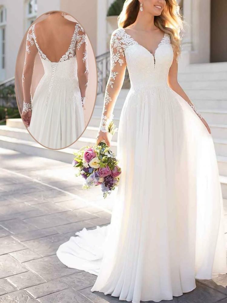 Wedding Dresses | White Simple Wedding Dress A-Line V-Neck Long Sleeves Backless Lace Bridal Dresses Free Customization Wedding Wedding Dresses