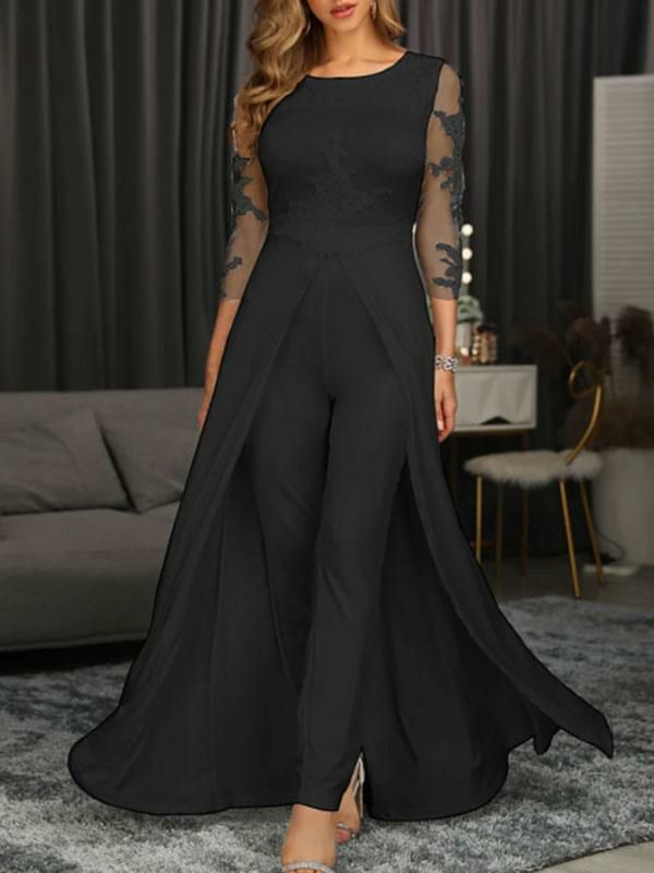 Wedding Party Dresses | Black Mother Dress Jewel Neck 3/4 Length Sleeves Sheath Applique Wedding Guest Dresses Free Customization Wedding Wedding Party Dresses