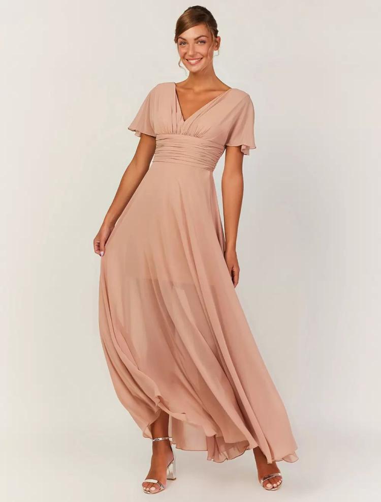 Wedding Party Dresses | Blush Pink Bridesmaid Dresses V-Neck Backless A-Line Chiffon Wedding Party Maxi Dress Wedding Wedding Party Dresses