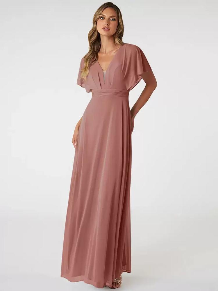 Wedding Party Dresses | Blush Pink Bridesmaid Dresses V-Neck Backless Chiffon A-Line Prom Dress Wedding Wedding Party Dresses