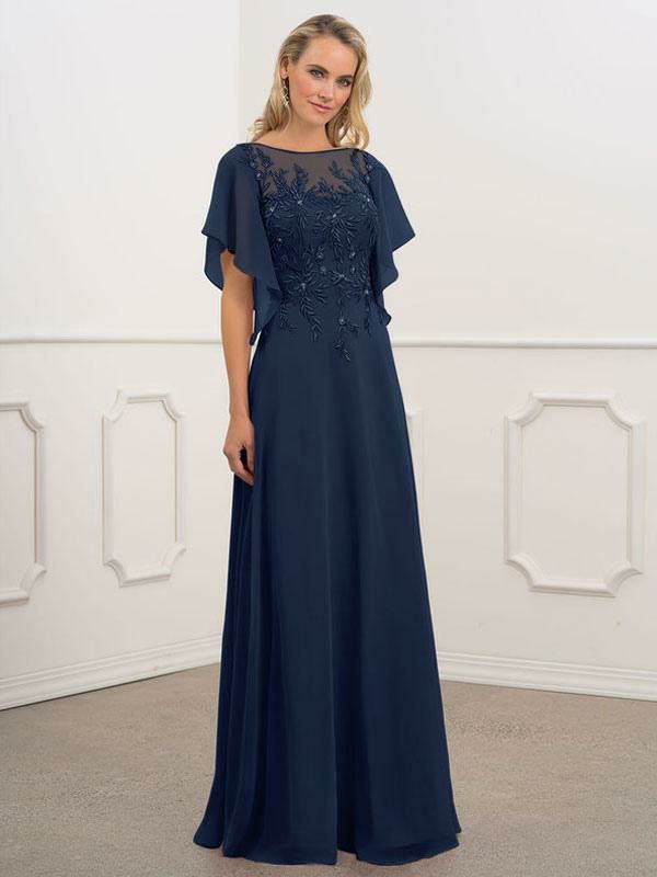 Wedding Party Dresses | Bridal Mother Dress Bateau Neck Short Sleeves A-Line Beaded Chiffon Navy Blue Long Wedding Guest Dresses Wedding Wedding Party Dresses