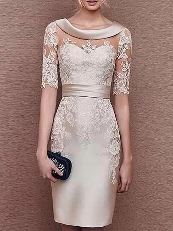 Wedding Party Dresses | Bridal Mother Dress Jewel Neck Half Sleeves Lace Tea-Length Sheath Guest Dresses For Wedding Free Customization Wedding Wedding Party Dresses