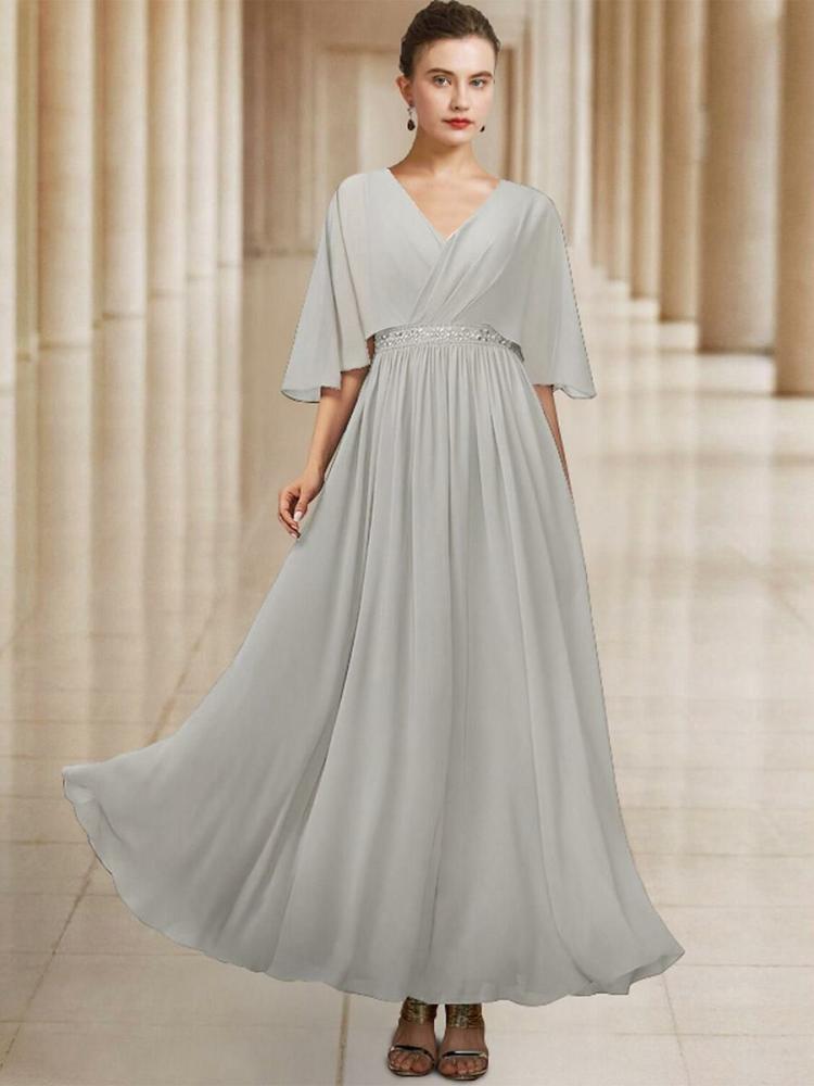 Wedding Party Dresses | Bridal Mother Dress V-Neck Half Sleeves A-Line Beaded Floor-Length Guest Dresses For Wedding Wedding Wedding Party Dresses