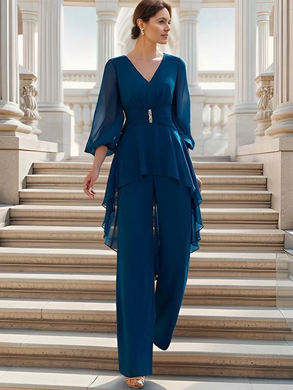 Wedding Party Dresses | Bridal Mother Dress V-Neck Half Sleeves Jumpsuit Ruffles Floor-Length Guest Dresses For Wedding Wedding Wedding Party Dresses