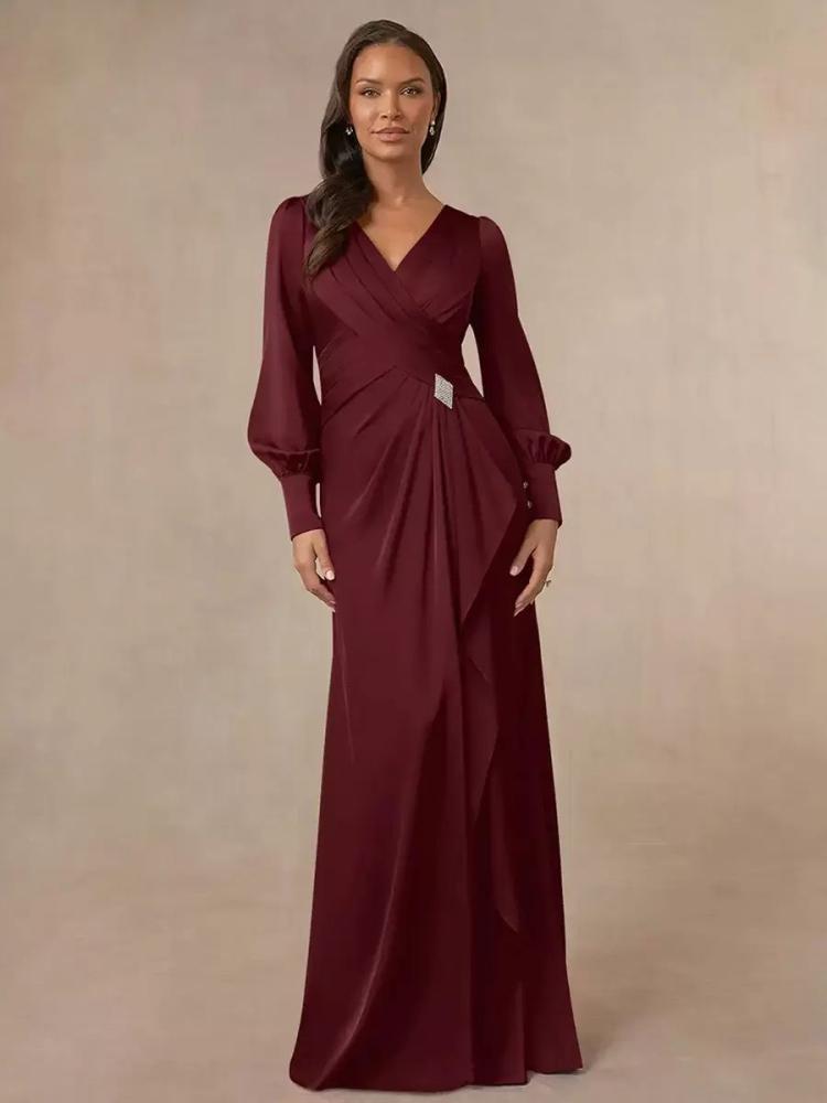 Wedding Party Dresses | Bridal Mother Dress V-Neck Long Sleeves Mermaid Pleated Guest Dresses For Wedding Wedding Wedding Party Dresses