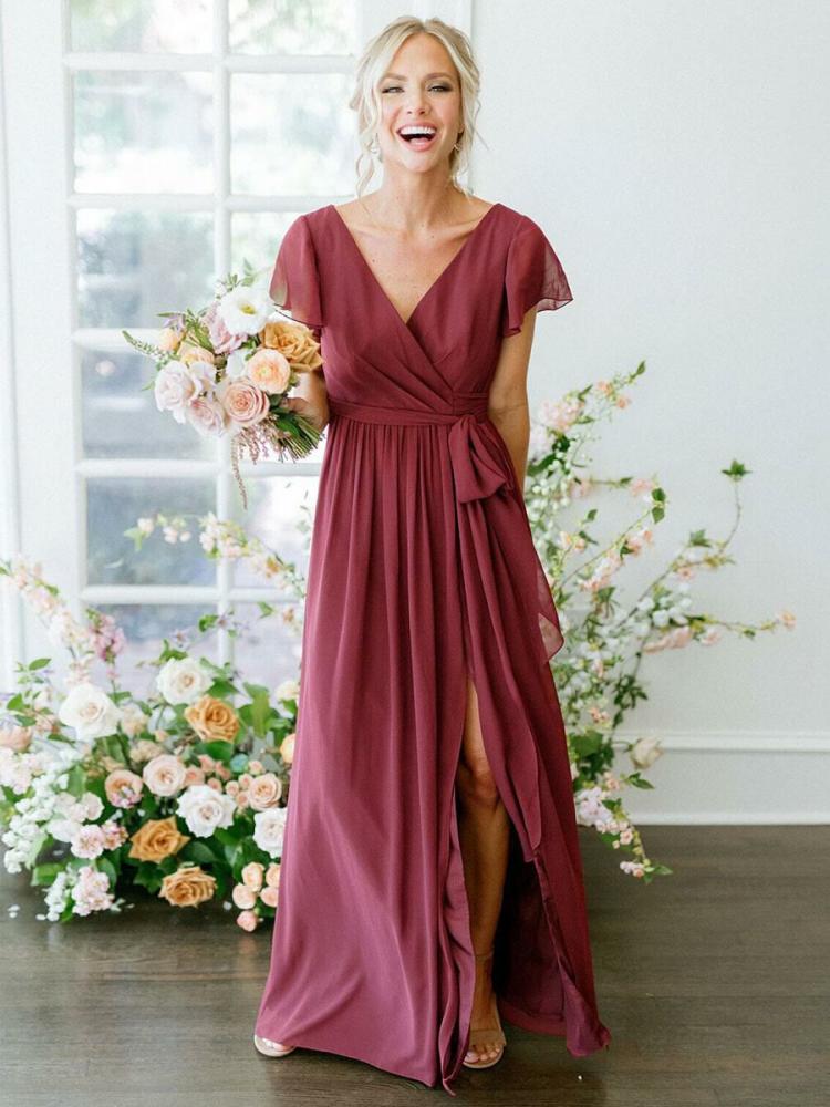 Wedding Party Dresses | Bridesmaid Dress A-Line Short Sleeve V-Neck Floor-Length Zipper Chiffon Burgundy Wedding Party Dress Free Customization Wedding Wedding Party Dresses