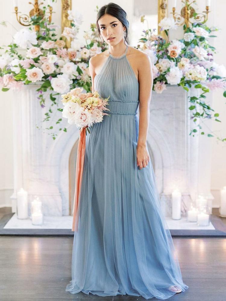 Wedding Party Dresses | Bridesmaid Dress A-Line Sleeveless Jewel Neck Zipper Floor-Length Blue Wedding Party Dress Free Customization Wedding Wedding Party Dresses