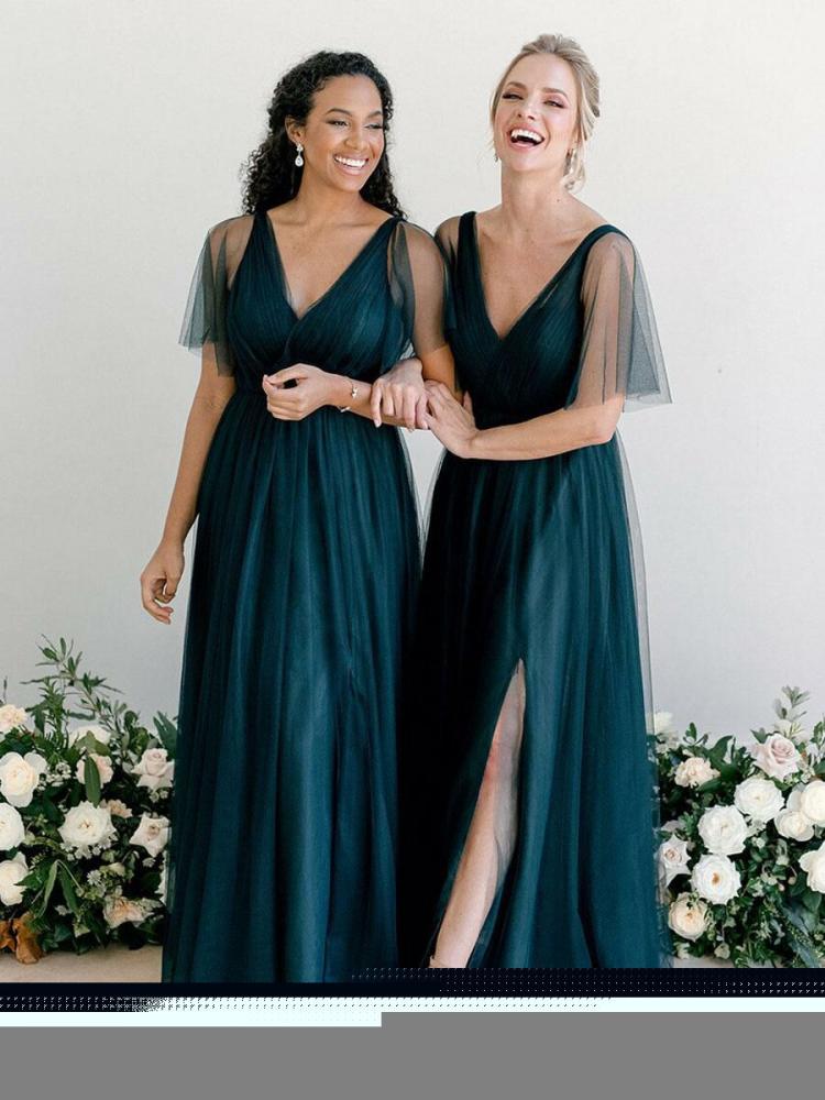 Wedding Party Dresses | Bridesmaid Dress A-Line V-Neck Half-Sleeve Floor-Length Zipper Single Thread Tulle Green Formal Gowns Free Customization Wedding Wedding Party Dresses