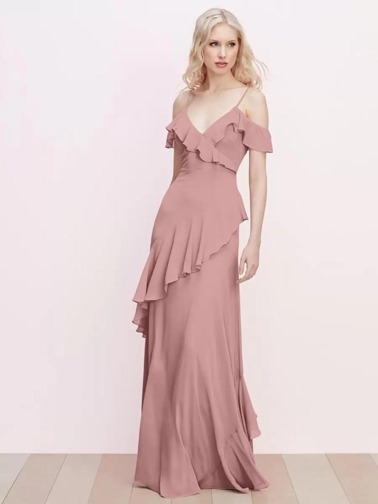 Wedding Party Dresses | Bridesmaid Dress Ruffled Spaghetti Straps Backless A-Line Chiffon Prom Maxi Dresses Wedding Wedding Party Dresses