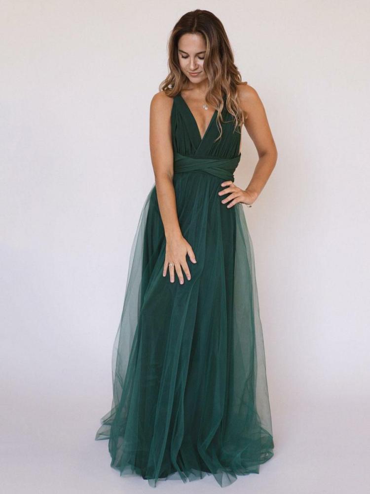 Wedding Party Dresses | Bridesmaid Dresses A-Line Floor-Length V-Neck Sleeveless Zipper Single Thread Tulle Green Wedding Party Dress Free Customization Wedding Wedding Party Dresses