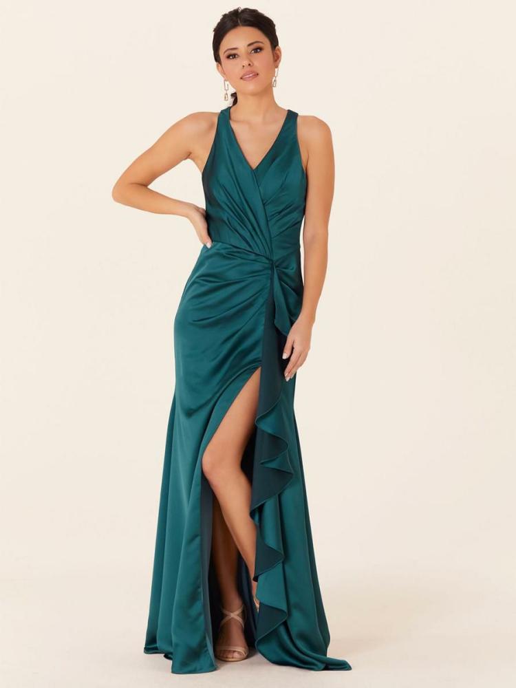 Wedding Party Dresses | Bridesmaid Dresses Satin Fabric Sheath Floor-Length Formal Gowns Wedding Wedding Party Dresses