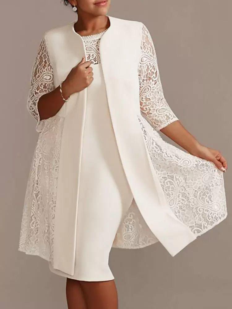 Wedding Party Dresses | Ivory Mother Dress Lace Satin Half Sleeves Overcoat Jewel Neck Sleeveless Sheath Short Wedding Guest Dresses Outfit Free Customization Wedding Wedding Party Dresses