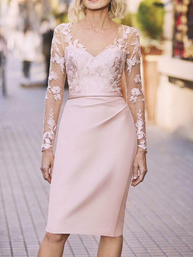 Wedding Party Dresses | Light Pink Party Dress For Mother Of The Bride V-Neck Long Sleeves Sheath Lace Wedding Guest Dresses Free Customization Wedding Wedding Party Dresses