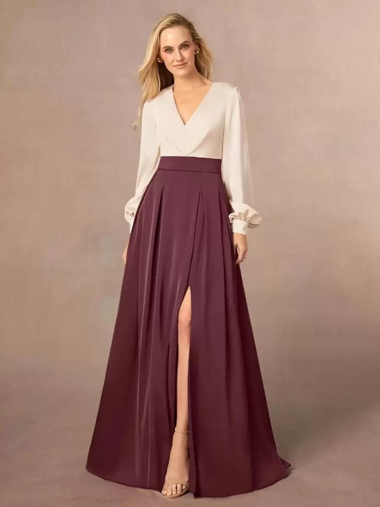 Wedding Party Dresses | Mother Dress V-Neck Long Sleeves A-Line Split Front Wedding Guest Dresses Wedding Wedding Party Dresses