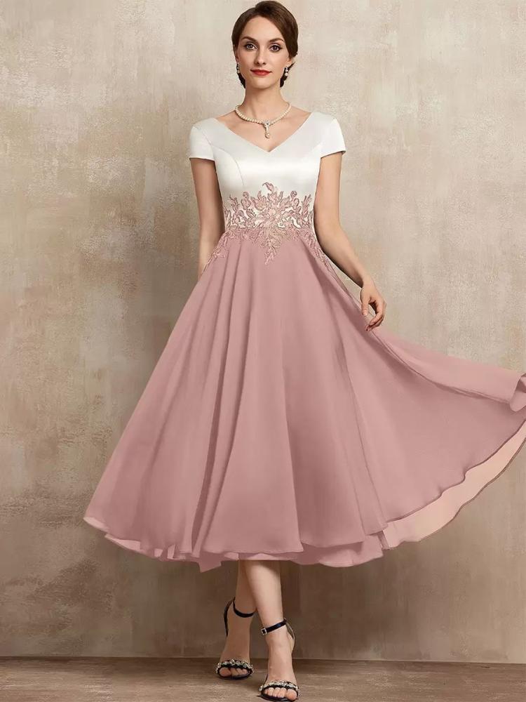 Wedding Party Dresses | Mother Dress V-Neck Short Sleeves A-Line Lace Tea-Length Guest Dresses For Wedding Wedding Wedding Party Dresses