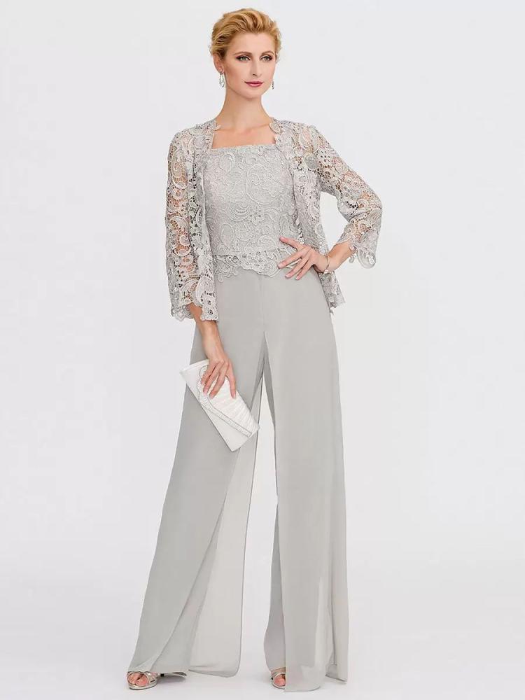 Wedding Party Dresses | Mother Gowns Of The Bride Bateau Neck Long Sleeves A-Line Lace Light Grey Guest Pants With Sash Three Piece For Wedding Free Customization Wedding Wedding Party Dresses