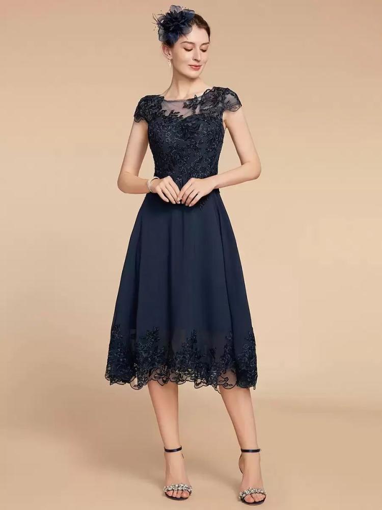 Wedding Party Dresses | Party Dress For Mother Of The Bride Jewel Neck Cap Sleeves Lace A-Line Tea-Length Wedding Guest Dresses Wedding Wedding Party Dresses