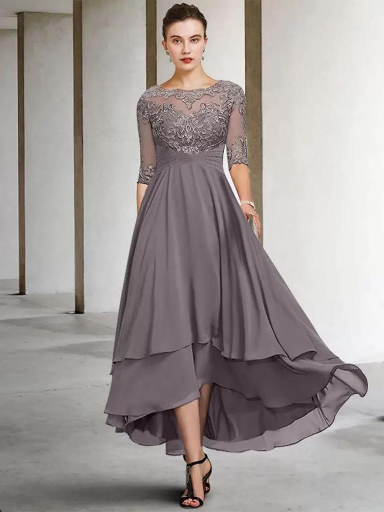 Wedding Party Dresses | Party Dress For Mother Of The Bride Jewel Neck Half Sleeves A-Line Lace Tea-Length Guest Dresses For Wedding Free Customization Wedding Wedding Party Dresses