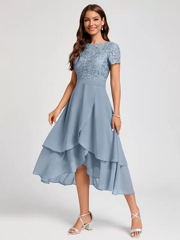 Wedding Party Dresses | Party Dress For Mother Of The Bride Jewel Neck Short Sleeves A-Line Asymmetrical Guest Dresses For Wedding Wedding Wedding Party Dresses