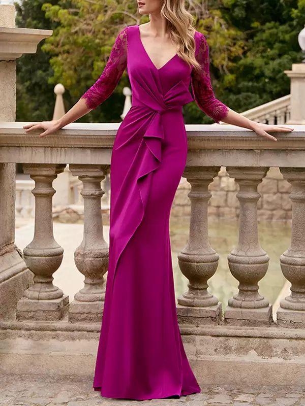 Wedding Party Dresses | Party Dress For Mother Of The Bride V-Neck 3/4 Length Sleeves Pleated Floor-Length Mermaid Wedding Guest Dresses Wedding Wedding Party Dresses