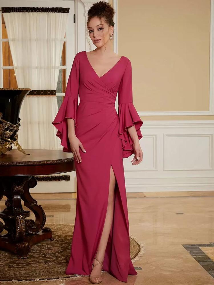 Wedding Party Dresses | Party Dress For Mother Of The Bride V-Neck Bell Sleeves Split Front Floor-Length A-Line Wedding Guest Dresses Wedding Wedding Party Dresses