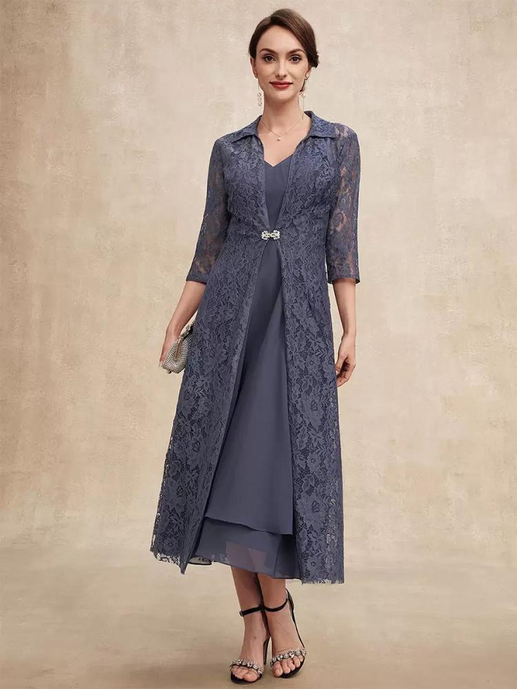 Wedding Party Dresses | Party Dress For Mother Of The Bride V-Neck Half Sleeves A-Line Lace Tea-Length Guest Dresses For Wedding Wedding Wedding Party Dresses