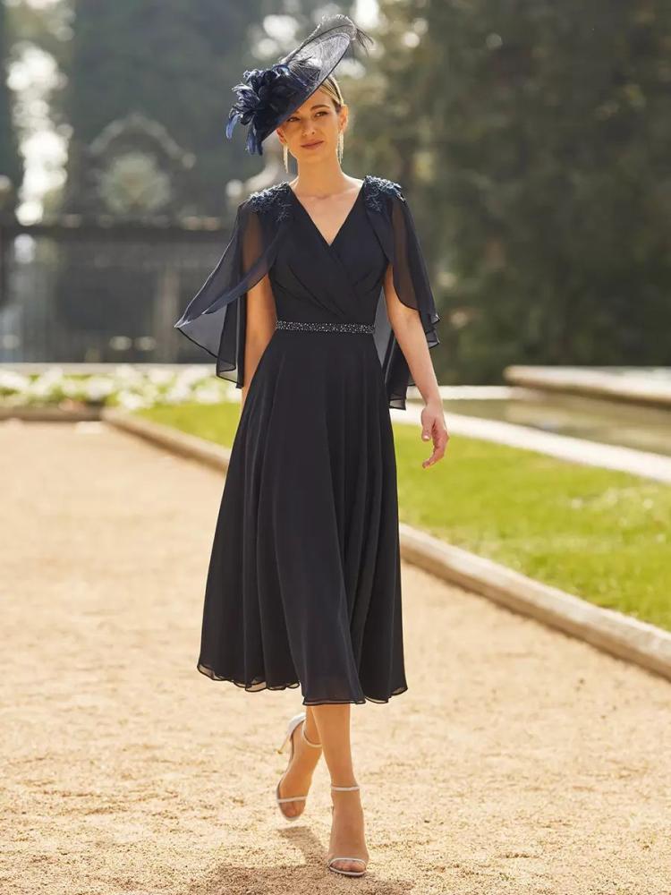 Wedding Party Dresses | Party Dress For Mother Of The Bride V-Neck Half Sleeves A-Line Sash Tea-Length Guest Dresses For Wedding Wedding Wedding Party Dresses