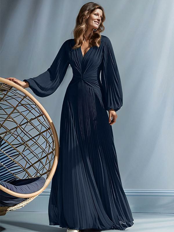 Wedding Party Dresses | Party Dress For Mother Of The Bride V-Neck Long Sleeves A-Line Pleated Floor-Length Guest Dresses For Wedding Wedding Wedding Party Dresses