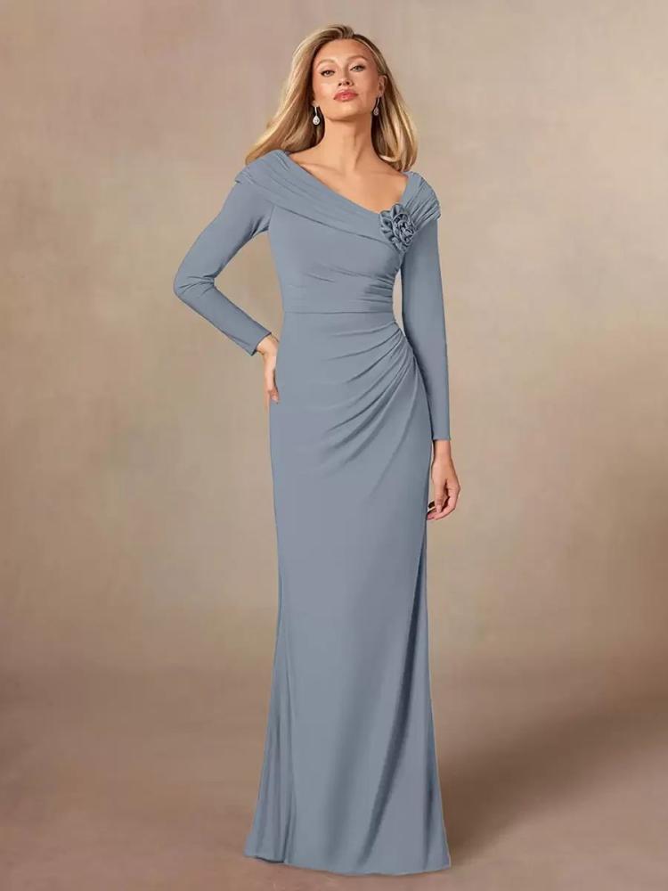 Wedding Party Dresses | Party Dress For Mother Of The Bride V-Neck Long Sleeves Mermaid Pleated Floor-Length Wedding Guest Dresses Wedding Wedding Party Dresses