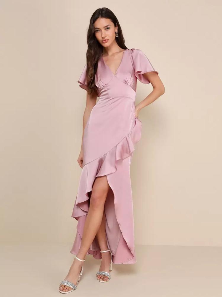 Wedding Party Dresses | Pink Bridesmaid Dress V-Neck Ruffles Asymmetrical A-Line Prom Maxi Dress Wedding Wedding Party Dresses